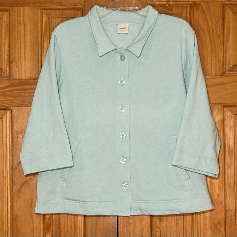 NWOT Blair Top 3/4 Sleeve Fleece Blouse Cardigan Blue Size L Large